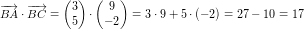 \small \overrightarrow{BA}\cdot \overrightarrow{BC}=\begin{pmatrix} 3\\5 \end{pmatrix}\cdot \begin{pmatrix} 9\\-2 \end{pmatrix}=3\cdot 9+5\cdot (-2)=27-10=17