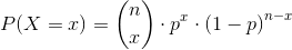 P(X=x)=\binom{n}{x}\cdot p^{x}\cdot \left ( 1-p \right )^{n-x}
