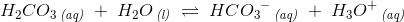 H_2CO_3\, _{\textit{(aq)}}\; +\; H_2O\, _{\textit{(l)}}\; \rightleftharpoons \; HC{O_3}^-\, _{\textit{(aq)}}\; +\; H_3O^+\, _{\textit{(aq)}}
