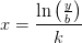 x=\frac{\ln\left (\frac{y}{b} \right )}{k}