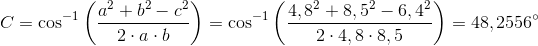 C=\cos^{-1}\left ( \frac{a^2+b^2-c^2}{2\cdot a\cdot b} \right )=\cos^{-1}\left ( \frac{4,8^2+8,5^2-6,4^2}{2\cdot 4,8\cdot 8,5} \right )=48,2556^{\circ}