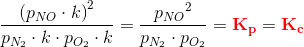 \frac{\left ({p_{NO}\cdot k} \right )^{2}}{p_{N_2}\cdot k\cdot p_{O_2}\cdot k}=\frac{{p_{NO}} ^{2}}{p_{N_2}\cdot p_{O_2}}=\mathbf{\color{Red} K_p}=\mathbf{\color{Red} K_c}