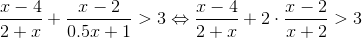 \frac{x-4}{2+x}+\frac{x-2}{0.5x+1}> 3 \Leftrightarrow \frac{x-4}{2+x}+2\cdot \frac{x-2}{x+2}> 3