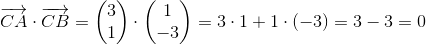 \overrightarrow{CA}\cdot \overrightarrow{CB}=\begin{pmatrix} 3\\1 \end{pmatrix}\cdot \begin{pmatrix} 1\\-3 \end{pmatrix}=3\cdot 1+1\cdot (-3)=3-3=0