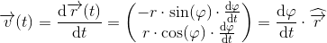 \overrightarrow{v}(t)=\frac{\mathrm{d} \overrightarrow{r}(t)}{\mathrm{d} t}=\begin{pmatrix} -r\cdot \sin(\varphi )\cdot \frac{\mathrm{d} \varphi }{\mathrm{d} t}\\ r\cdot \cos(\varphi )\cdot \frac{\mathrm{d} \varphi }{\mathrm{d} t} \end{pmatrix}=\frac{\mathrm{d} \varphi }{\mathrm{d} t}\cdot \widehat{\overrightarrow{r}}