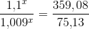 \frac{1{,}1^x}{1{,}009^x}=\frac{359{,08}}{75{,}13}
