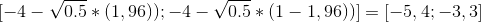 \[ -4 - \sqrt{0.5}*(1,96)) ; -4 - \sqrt{0.5}*(1-1,96)) \] = \[ -5,4 ; -3,3 \]