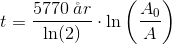 t=\frac{5770\; \aa r}{\ln(2)}\cdot \ln\left (\frac{A_0}{A} \right )