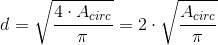 d=\sqrt{\frac{4\cdot A_{circ}}{\pi }}=2\cdot \sqrt{\frac{A_{circ}}{\pi }}