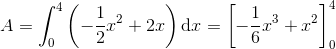 A=\int_{0}^{4}\left (-\frac{1}{2}x^2+2x \right )\mathrm{d}x=\left [-\frac{1}{6}x^3+x^2 \right ]_{0}^{4}