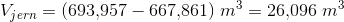 V_{jern}=(693{,}957-667{,}861)\; m^3=26{,}096\; m^3
