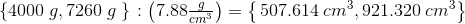 \left \{ 4000\; g,7260\; g\left. \right \} \right.: \left ( 7{.}88\tfrac{g}{cm^3} \right )=\left \{ \left. 507.614\; cm^3,921.320\; cm^3 \right \} \right.