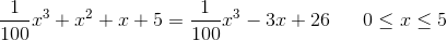 \frac{1}{100}x^3+x^2+x+5=\frac{1}{100}x^3-3x+26\; \; \; \; \; \; 0\leq x\leq 5