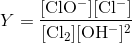 Y=\mathrm{\dfrac{[ClO^{-}][Cl^{-}]}{[Cl_{2}][OH^{-}]^{2}}}