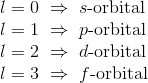 \\l=0~\Rightarrow~s\text{-orbital}\\ l=1~\Rightarrow~p\text{-orbital}\\ l=2~\Rightarrow~d\text{-orbital}\\ l=3~\Rightarrow~f\text{-orbital}\\