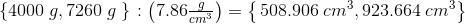 \left \{ 4000\; g,7260\; g\left. \right \} \right.: \left ( 7{.}86\tfrac{g}{cm^3} \right )=\left \{ \left. 508.906\; cm^3,923.664\; cm^3 \right \} \right.