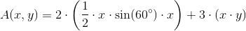A(x,y)=2\cdot \left ( \frac{1}{2}\cdot x\cdot \sin(60^\circ)\cdot x \right )+3\cdot \left ( x\cdot y \right )