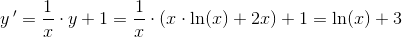 y{\, }'=\frac{1}{x}\cdot y+1=\frac{1}{x}\cdot \left ( x\cdot \ln(x)+2x \right )+1=\ln(x)+3