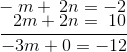 \\- m + \: 2n = - 2 \\ \; \; \; \frac{ \; \; 2m + 2n = \; 10}{-3m+0=-12}
