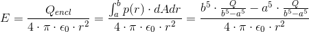 E=\frac{Q_ {encl}}{4\cdot \pi \cdot \epsilon_0 \cdot r^2}=\frac{\int_{a}^{b}p(r) \cdot dA dr}{4\cdot \pi \cdot \epsilon_0 \cdot r^2} =\frac{b^5 \cdot\frac{Q}{b^5-a^5}-a^5 \cdot \frac{Q}{b^5-a^5}}{4\cdot \pi \cdot \epsilon_0 \cdot r^2}