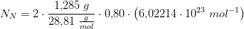 N_{N}=2\cdot \frac{1{,}285\; g}{28{,}81\; \tfrac{g}{mol}}\cdot 0{,}80\cdot \left ( 6{,}02214\cdot 10^{23} \; mol^{-1}\right )