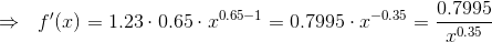 \Rightarrow~~ f'(x)=1.23\cdot 0.65\cdot x^{0.65-1}=0.7995\cdot x^{-0.35}=\frac{0.7995}{x^{0.35}}