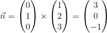 \vec{n}=\begin{pmatrix} 0\\1 \\ 0 \end{pmatrix}\times\begin{pmatrix} 1\\2 \\ 3 \end{pmatrix}=\begin{pmatrix} 3\\0 \\ -1 \end{pmatrix}