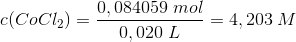 c(CoCl_2)=\frac{0,084059\; mol}{0,020\; L}=4,203\; M