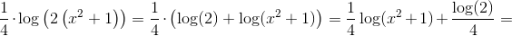 \frac{1}{4}\cdot \log\left ( 2\left ( x^2+1 \right ) \right )=\frac{1}{4}\cdot \left ( \log(2)+\log(x^2+1) \right )=\frac{1}{4}\log(x^2+1)+\frac{\log(2)}{4}=