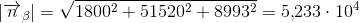 \left |\overrightarrow{n}_\beta \right | =\sqrt{1800^2+51520^2+8993^2}=5{,}233\cdot 10^4