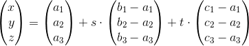 \begin{pmatrix} x\\y \\ z \end{pmatrix}=\begin{pmatrix} a_1\\a_2 \\ a_3 \end{pmatrix}+s\cdot\begin{pmatrix} b_1-a_1\\ b_2-a_2 \\ b_3-a_3 \end{pmatrix}+t\cdot\begin{pmatrix} c_1-a_1\\ c_2-a_2 \\ c_3-a_3 \end{pmatrix}