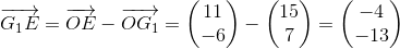 \overrightarrow{G_1E}=\overrightarrow{OE}-\overrightarrow{OG_1}=\begin{pmatrix} 11\\-6 \end{pmatrix}-\begin{pmatrix} 15\\7 \end{pmatrix}=\begin{pmatrix} -4\\ -13 \end{pmatrix}