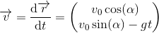 \overrightarrow{v}=\frac{\mathrm{d} \overrightarrow{r}}{\mathrm{d} t}=\begin{pmatrix} v_0\cos(\alpha )\\ v_0\sin(\alpha )-gt \end{pmatrix}