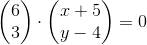 \begin{pmatrix} 6\\3 \end{pmatrix}\cdot \begin{pmatrix} x+5\\y-4 \end{pmatrix}=0