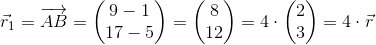 \vec{r}_1=\overrightarrow{AB}=\begin{pmatrix} 9-1\\17-5 \end{pmatrix}=\begin{pmatrix} 8\\12 \end{pmatrix}=4\cdot \begin{pmatrix} 2\\3 \end{pmatrix}=4\cdot \vec{r}