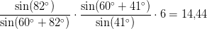 \frac{\sin(82^\circ)}{\sin(60^\circ+82^\circ)}\cdot \frac{\sin(60^\circ+41^\circ)}{\sin(41^\circ)}\cdot 6=14{,}44