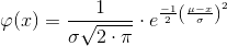 \varphi (x)=\frac{1}{\sigma \sqrt{2\cdot \pi}}\cdot e^{\frac{-1}{2}\left (\frac{\mu -x}{\sigma } \right )^2}