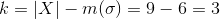 k = |X|- m(\sigma) =9-6=3