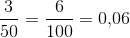 \frac{3}{50}=\frac{6}{100}=0{,}06