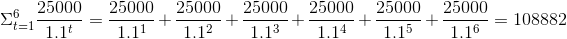 \Sigma_{t=1}^{6}\frac{25000}{1.1^t} = \frac{25000}{1.1^1} + \frac{25000}{1.1^2} + \frac{25000}{1.1^3} + \frac{25000}{1.1^4} + \frac{25000}{1.1^5} + \frac{25000}{1.1^6} = 108882
