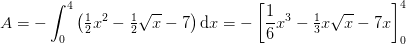 A=-\int_{0}^{4}\left (\tfrac{1}{2}x^2-\tfrac{1}{2}\sqrt{x} -7 \right )\mathrm{d}x=-\left [\frac{1}{6}x^3-\tfrac{1}{3}x\sqrt{x} -7x \right ]_{0}^{4}