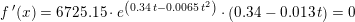 \small f{\, }'(x)=6725{.}15\cdot e^\left (0{.}34\, t-0{.}0065\, t^2 \right )}\cdot \left ( 0{.}34 -0{.}013\, t\right )=0