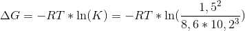 \Delta G = -RT*\ln(K)=-RT*\ln(\frac{1,5^2}{8,6*10,2^3})