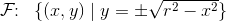 \mathcal{F}\! \! :\; \;\{(x,y)\; |\; y=\pm \sqrt{r^2-x^2}\}
