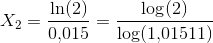 X_2=\frac{\ln(2)}{0{,}015}=\frac{\log(2)}{\log(1{,}01511)}