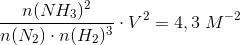 \frac{n(NH_3)^2}{n(N_2)\cdot n(H_2)^3}\cdot V^{2}=4,3\; M^{-2}