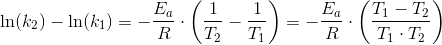 \ln(k_2)-\ln(k_1)=-\frac{E_a}{R}\cdot \left (\frac{1}{T_2}-\frac{1}{T_1} \right )=-\frac{E_a}{R}\cdot \left (\frac{T_1-T_2}{T_1\cdot T_2} \right )