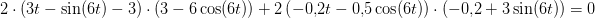 \! \! \! \! \! \! \! \! \! \! \! \! \! \! \! \! \! \! \! \! \! \! \! \! \! \! \! \! \! 2\cdot \left ( 3t-\sin(6t)-3 \right )\cdot \left (3-6\cos(6t) \right )+2\left ( -0{,}2t-0{,}5\cos(6t) \right )\cdot \left ( -0{,}2+3\sin(6t) \right )=0