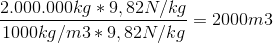 \frac{2.000.000kg*9,82N/kg}{1000 kg/m3*9,82 N/kg}=2000 m3