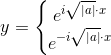 y=\left\{\begin{matrix} e^{i \sqrt{\left |a \right |}\cdot x}\\ e^{-i\sqrt{\left |a \right |}\cdot x} \end{matrix}\right.